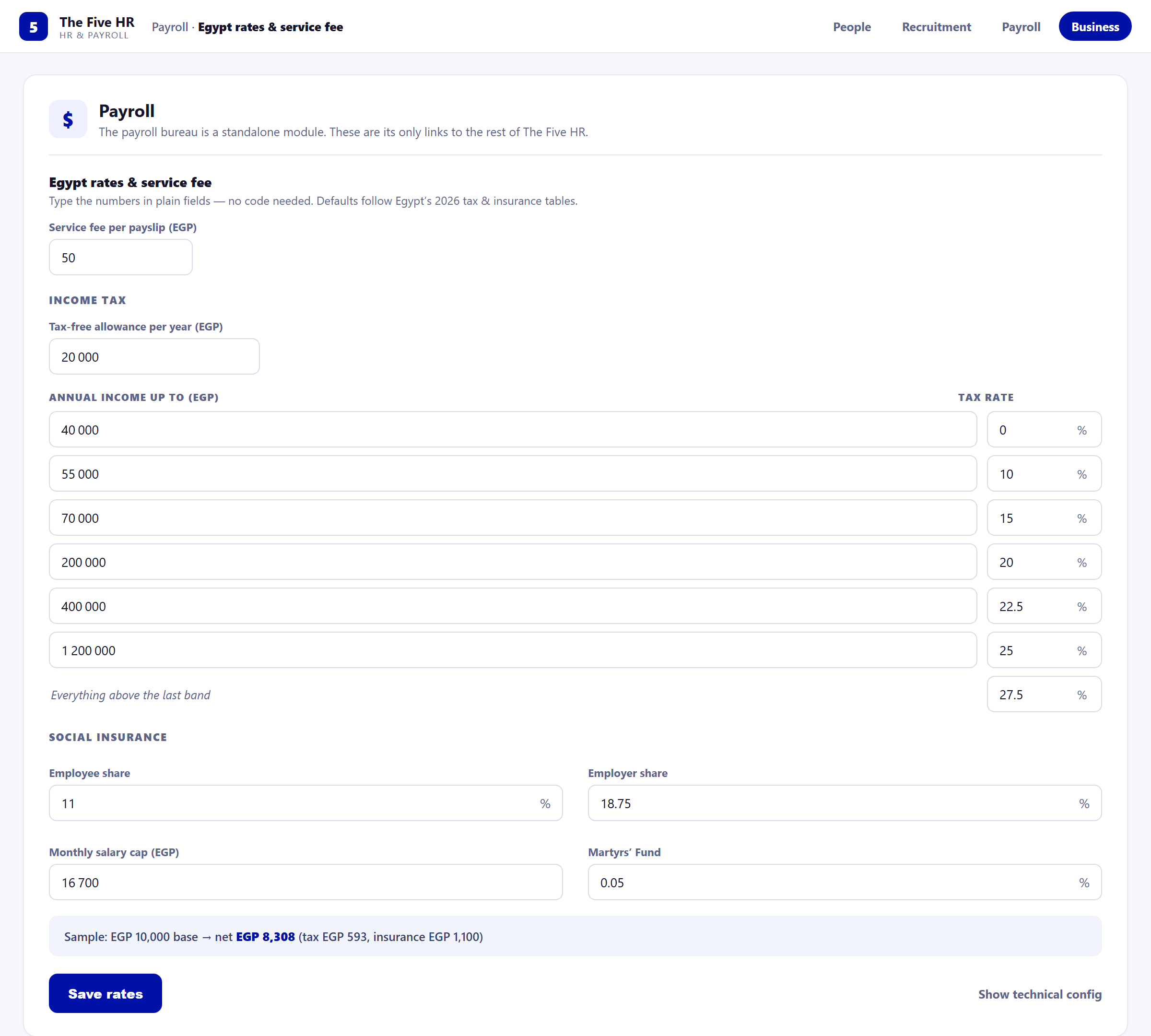 The Five HR payroll settings showing Egypt's 2026 income-tax bands and social-insurance rates (employee 11%, employer 18.75%, insurable-wage cap EGP 16,700) as plain editable fields
